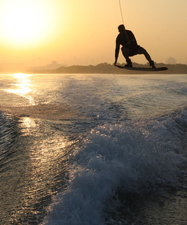 Sunset wakeboard session in the mangroves of Yas Island